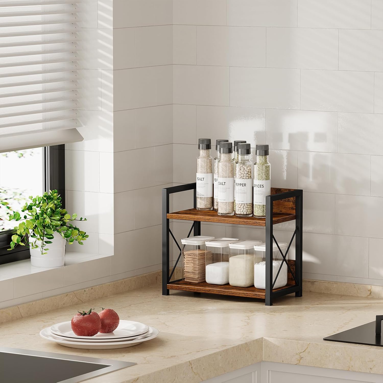 CARLA HOME 2-Tier Countertop Shelf Organizer Rustic Wood Kitchen Spice Rack for Storage, Condiments & Cabinet Organization — image 6