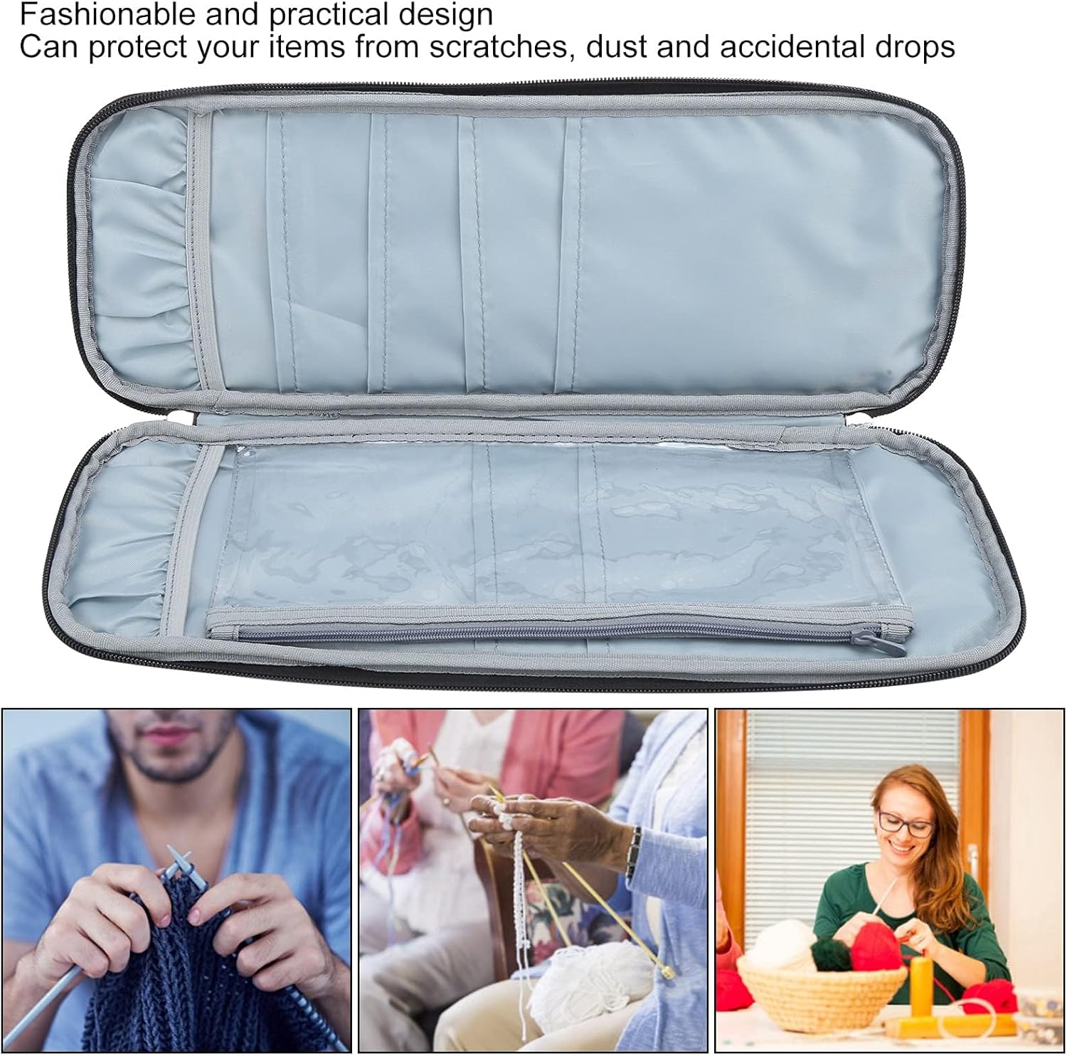 Knitting Needle Case, Travel Zipper Organizer Bag for Straight Needles Dual Crochet Case Supplies Accessories Grey — image 4