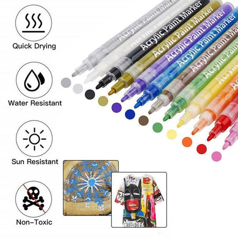 Flysea 12-80 Colours Acrylic Paint Pens Painting Stone Ceramic Glass Marker2-3Mm - 12-Colour Set — image 5