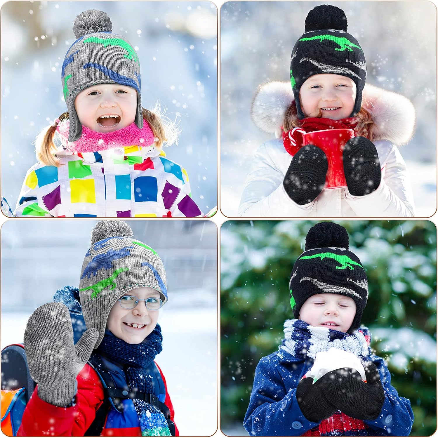 4 PCS Baby Boy Toddler Dinosaur Hat and Glove Set Boys Winter Hat Beanie Kids Gloves Winter Earflap Beanie Fleece Skiing Caps with Warm Ear Flap (Grey, Navy โ image 4