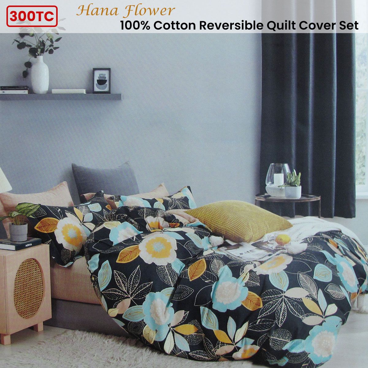 300TC Hana Flower Multi Reversible Cotton Floral Quilt Cover Set Double — image 2