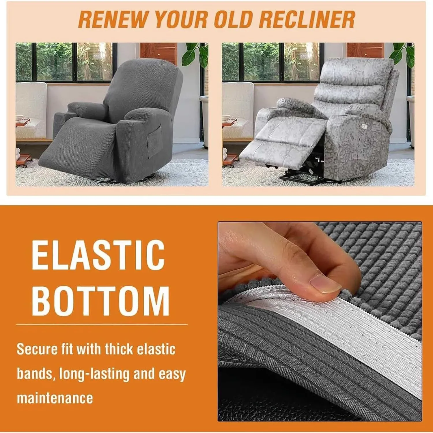 Recliner Slipcover High Stretch Soft Jacquard Fabric with Side Pocket for Standard Power Lift Recliner Chair Gray, Letter D Option โ image 3