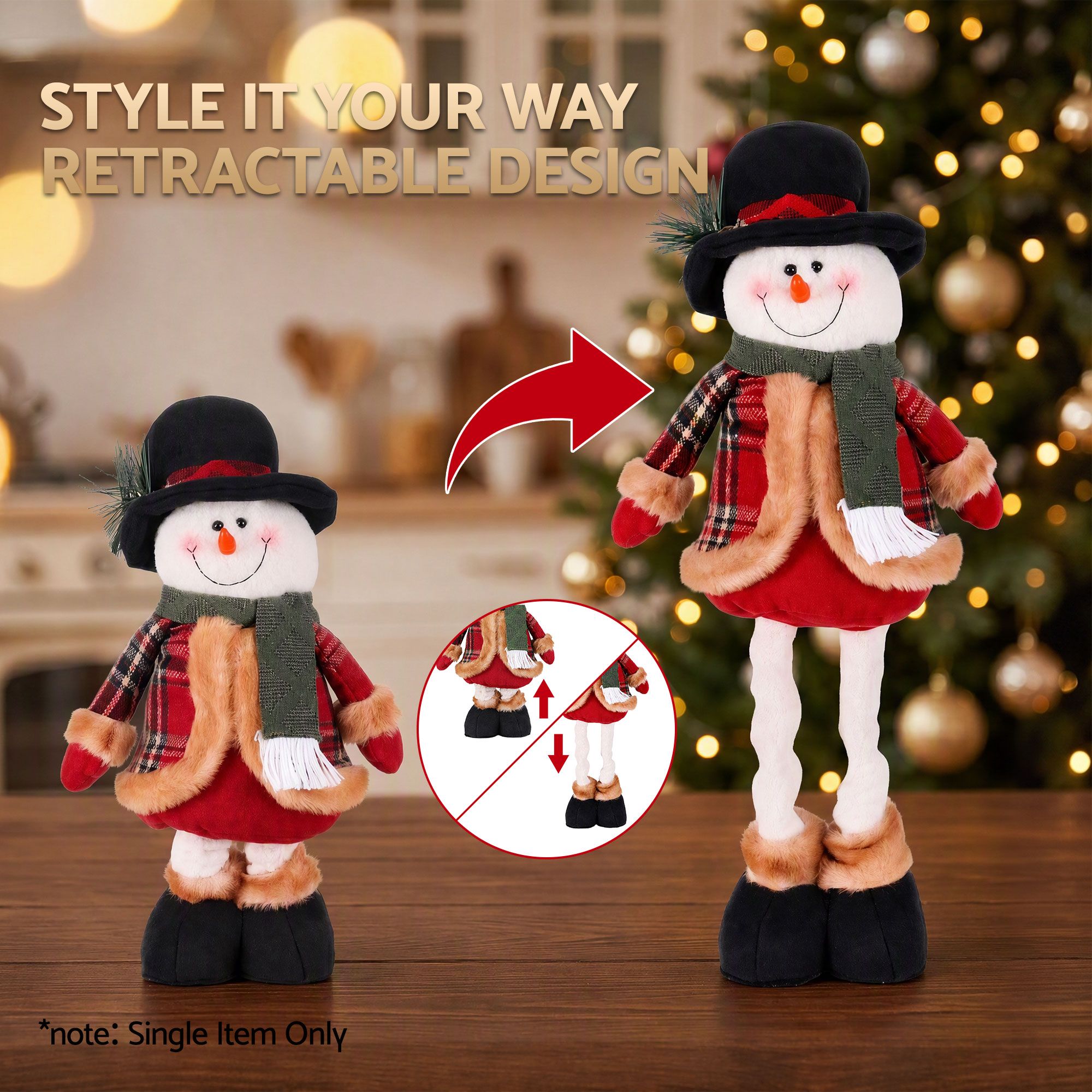 Jingle Jollys Christmas Snowman Ornament 40-56cm Telescopic Tabletop Decoration Doll, Adjustable Length For Tabletop, Window, Mantel, Indoor Holiday Decor — image 4