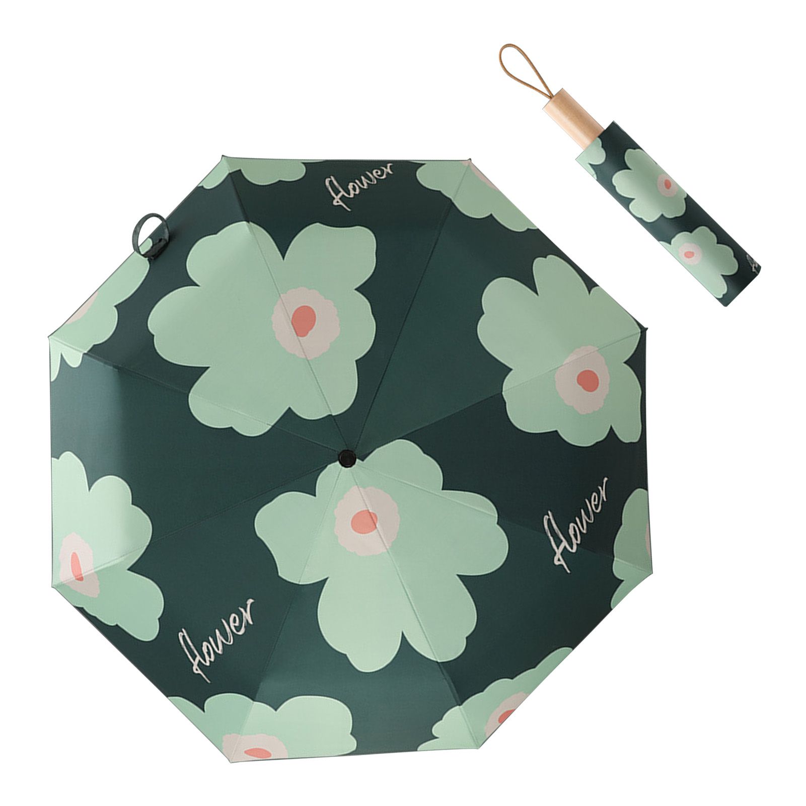 Flower Pattern Folding Umbrella UV Protection Foldable Rain Shine Dual Use Sun Umbrella for Travelling Blackish Green — image 4