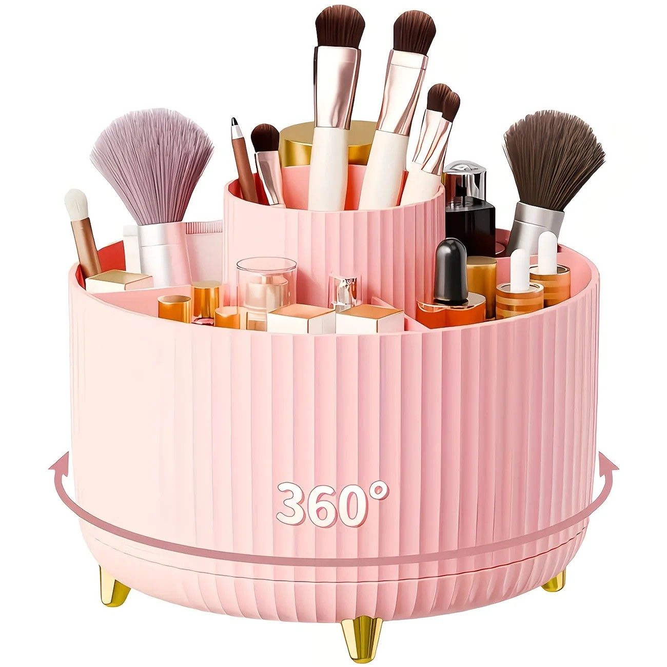 ✨ 360° Rotating Multi-Purpose Organizer | Multi-Layer Compartments & Non-Slip Base | Thickened Stripe Design, Perfect for Makeup, Desk & Car Storage/PINK