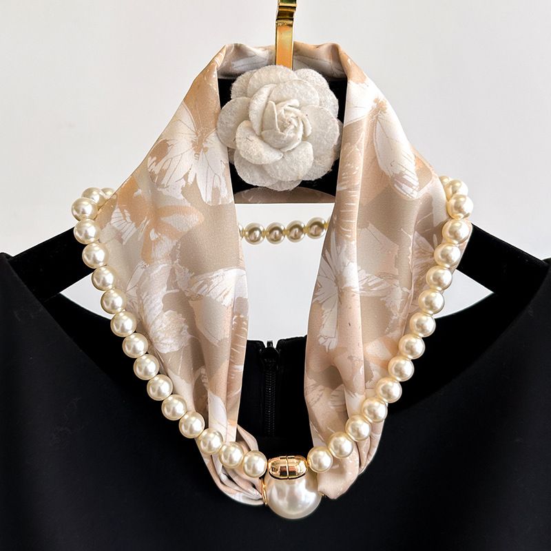 Black flowers 2-in-1 Magnetic Pearl Scarf & Necklace Set - Floral Print Polyester Neck Wrap with Detachable Bead Chain โ image 2