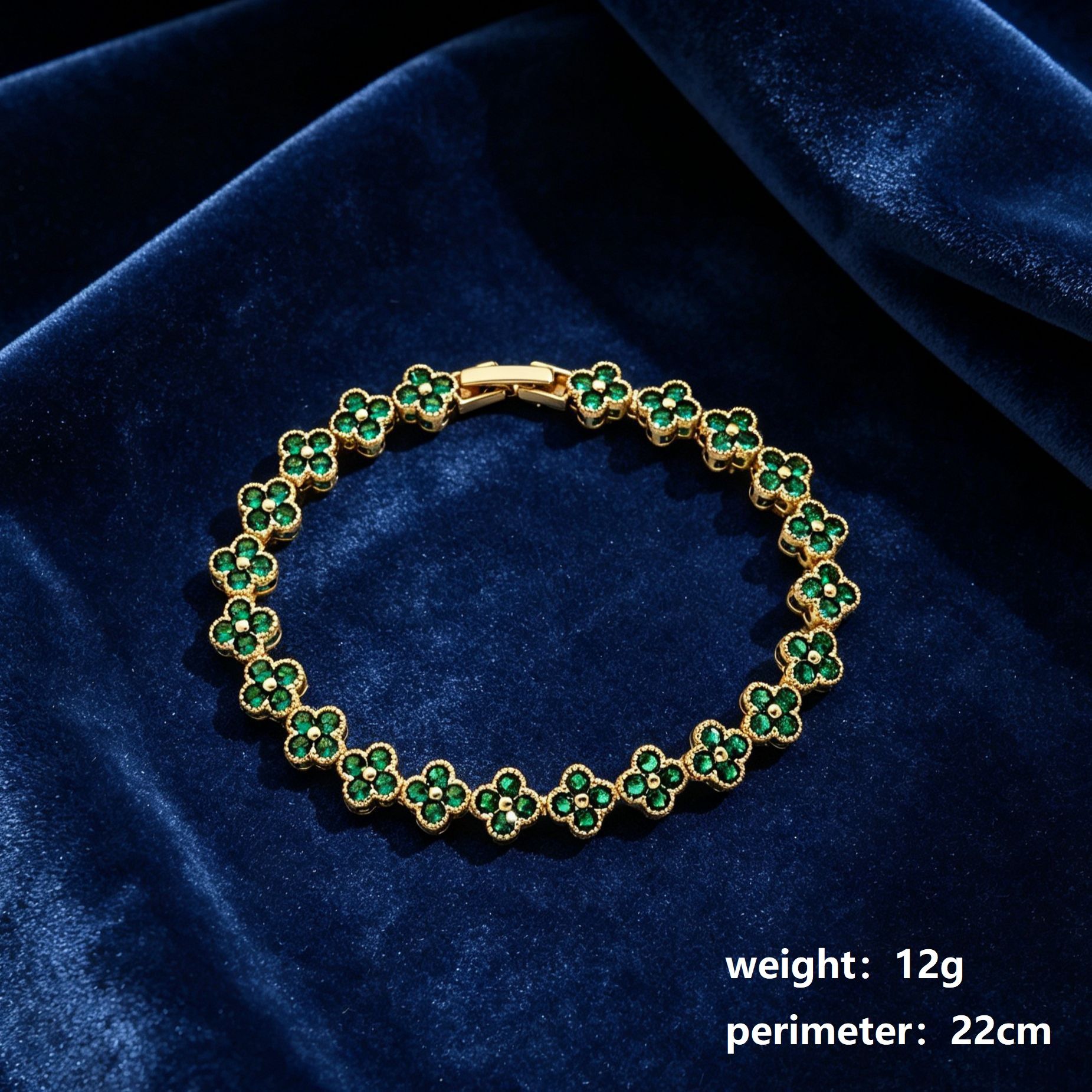Gold and Green Four-Leaf Clover Zircon Bracelet - Gold-Tone Alloy Lucky Charm Wristband with Full Crystal Pave, 22cm Elegant Fashion Jewellery for Women — image 3