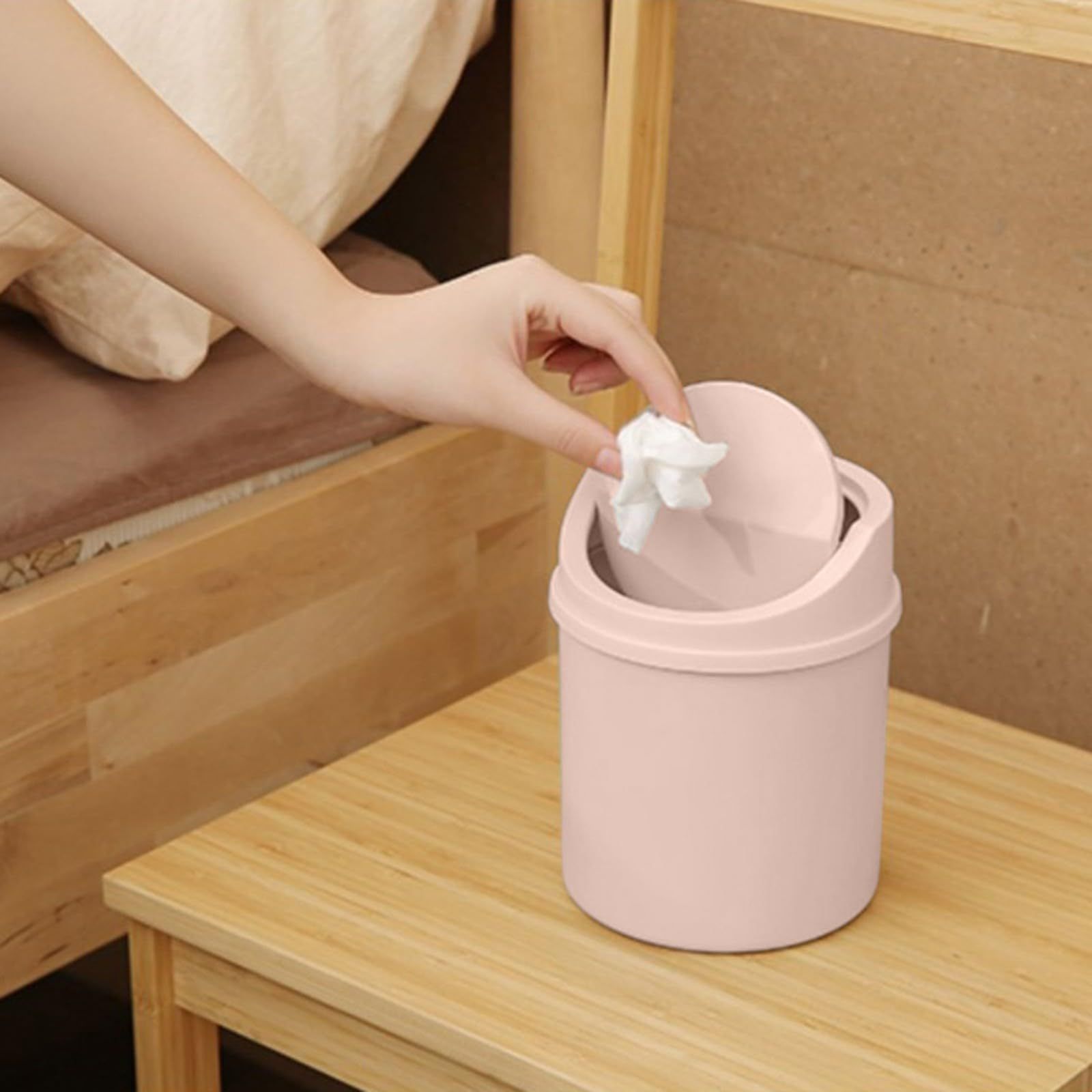 Mini Plastic Waste Garbage Can, Desktop Wastebasket Trash Can with Swing Lid, Stylish Countertop Round Small Trash Can (Pink) — image 4