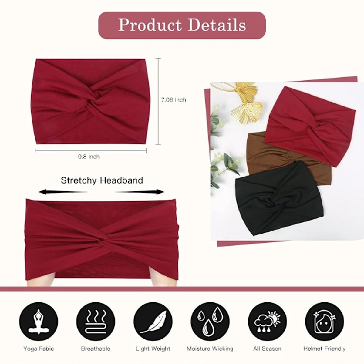 Wide Headbands for Women - Bohemian Style - 6-Pack - Oversized Turban Headbands - Scrunchies - Casual Wear - Sportswear - Cosmetics - Yoga Accessories — image 5