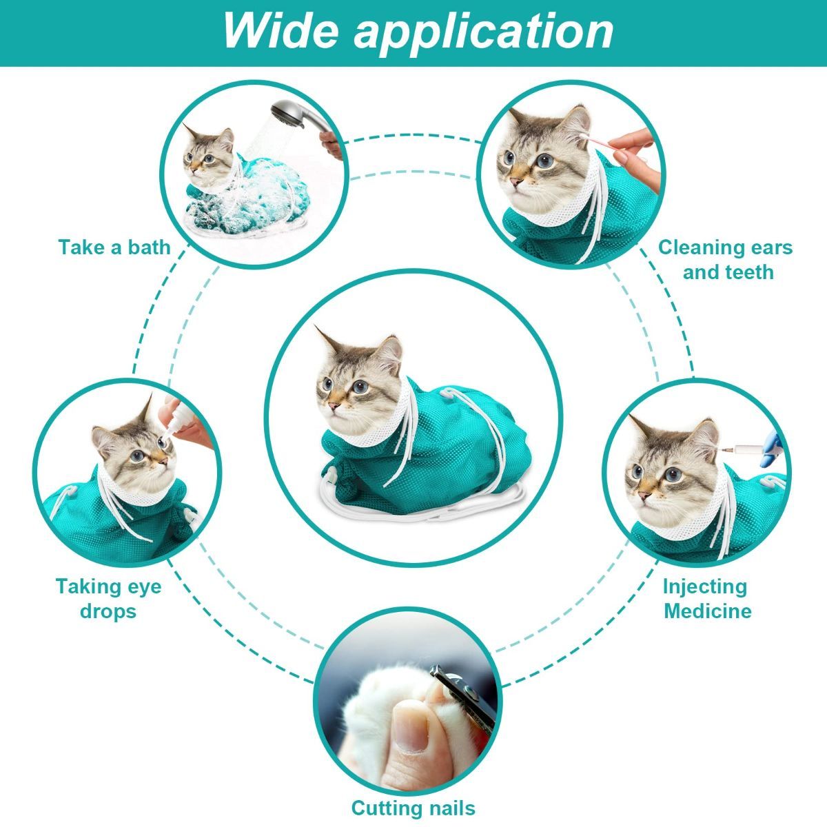 Cat Bath Bag Breathable Cat Shower Bag Anti-Scratch Cat Grooming Bag Adjustable - Navy - Size 19.6 — image 2