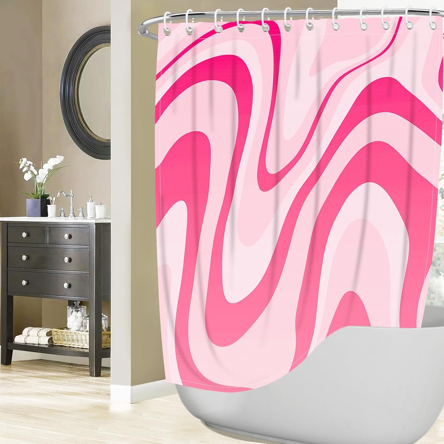 Pink Shower Curtain for Bathroom Cute Wavy Swirl 70S Abstract Retro Vintage Preppy Aesthetic Fabric Waterproof Bathroom Shower Curtains Set with Hooks 72x72 โ image 2