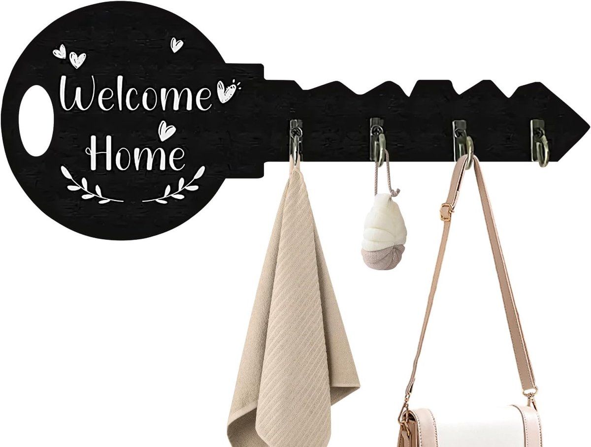 4-Hook Key-Shaped MDF Wall Key Rack, Black Welcome Home Coat and Bag Organizer, 29.5 x 12 cm β image 2