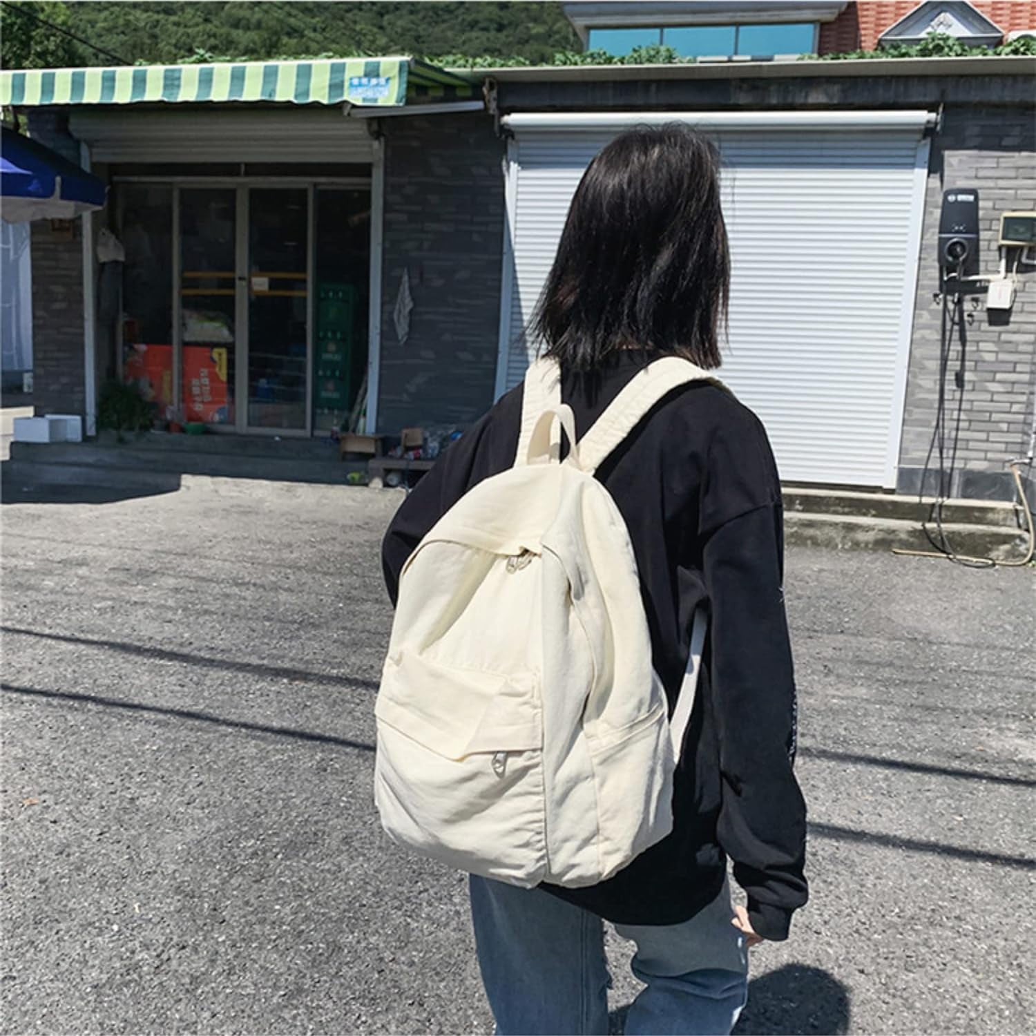 Vintage canvas backpack for women men travel backpack solid color simple backpack laptop backpack rucksack Black โ image 5