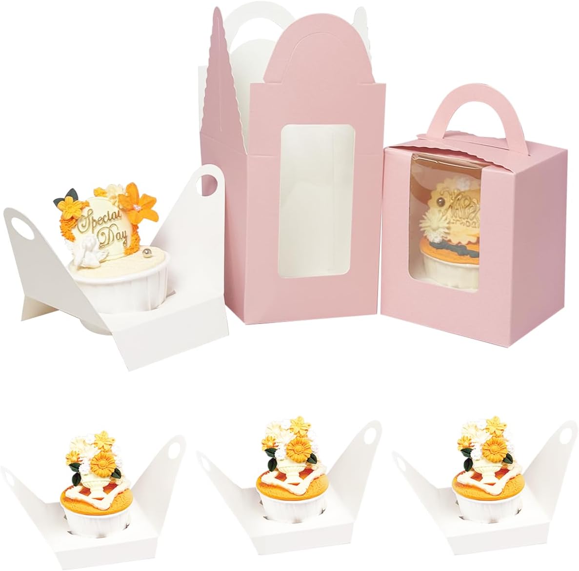 Auto-pop up Individual Cupcake Boxes with Window 25 Count Pink Single Cupcakes Box 3.7 x 4.3inch Cupcake Carrier — image 4