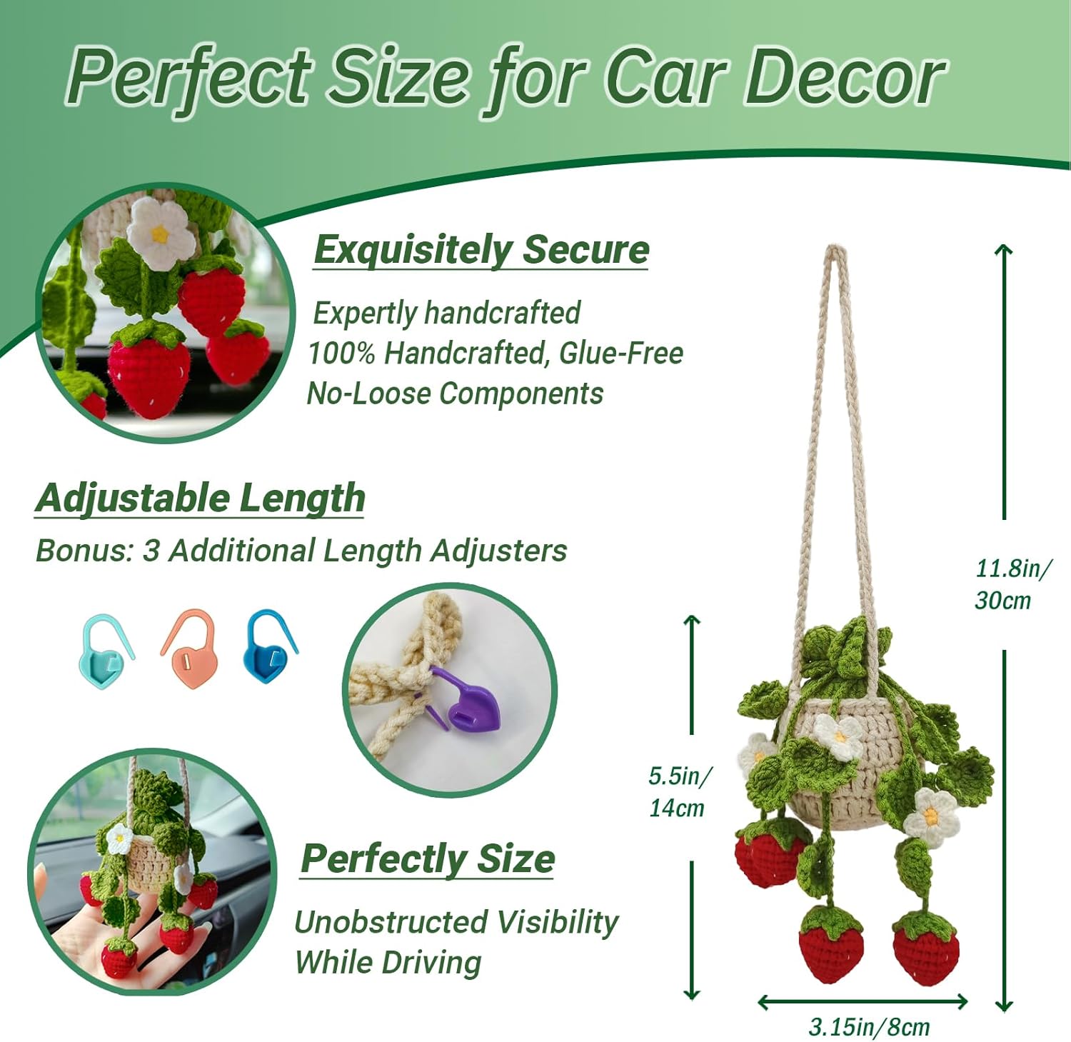 Crochet Hanging Plant for Car,Car Decorations Interior,Plant Strawberry Aesthetic Car Accessories for Women Interior Cute,Car Ornaments Charms for Rear View — image 4