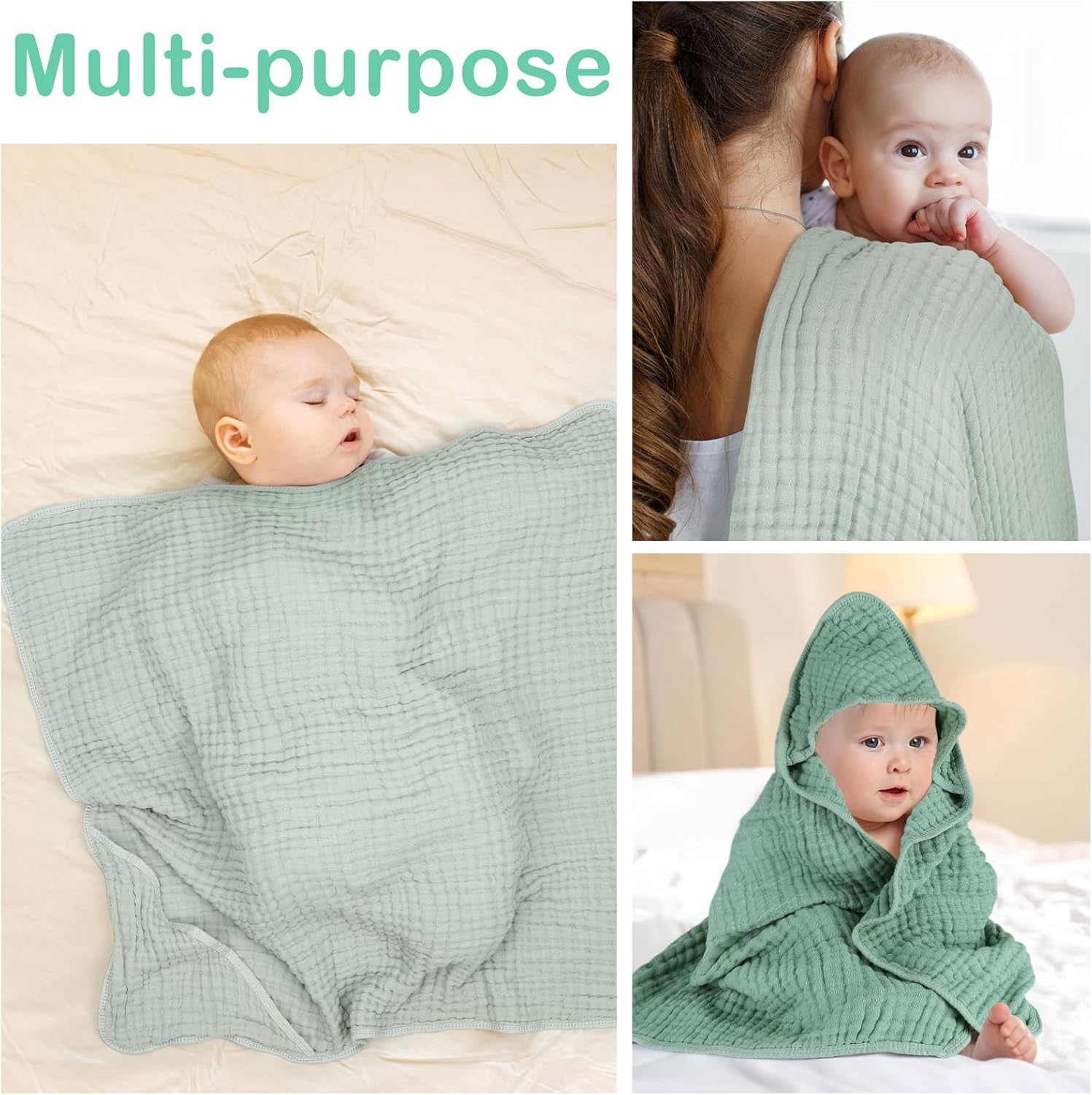 2 Pack Hooded Baby Towels, 100% Muslin Cotton Bath Towel for Babies, Newborn, Infant and Toddler, Absorbent Soft Baby Bath Towel with Hood, Boy and Girl Bath — image 4