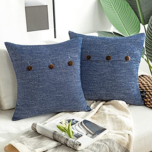 Farmhouse Geometric-Pattern Triple Button Vintage Linen Decorative Pillow Cover for Couch Bed Navy Blue, 18 × 18 inches,Pack of 2 — image 2