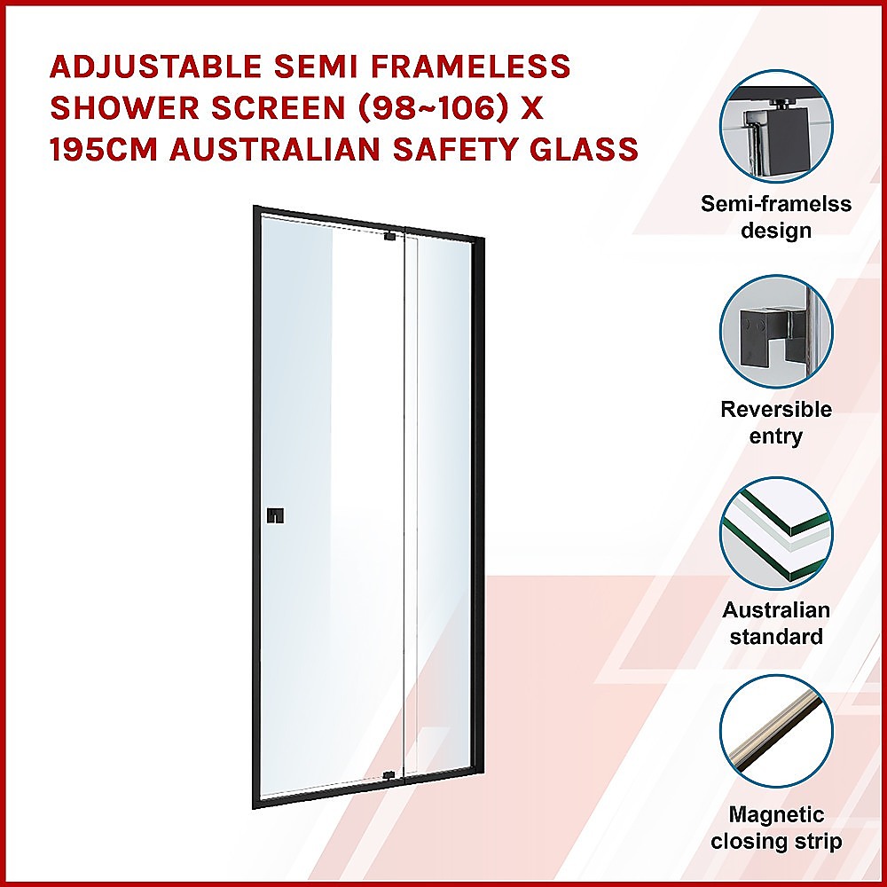 Adjustable Semi Frameless Shower Screen (98~106) x 195cm Australian Safety Glass โ image 3