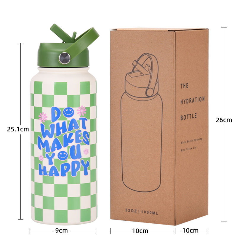 Style 19A Blue and White Plaid Vibrant Fun Print 1L Stainless Steel Insulated Water Bottle - 32oz Large Capacity with Straw Lid & Carry Handle - BPA-Free โ image 4