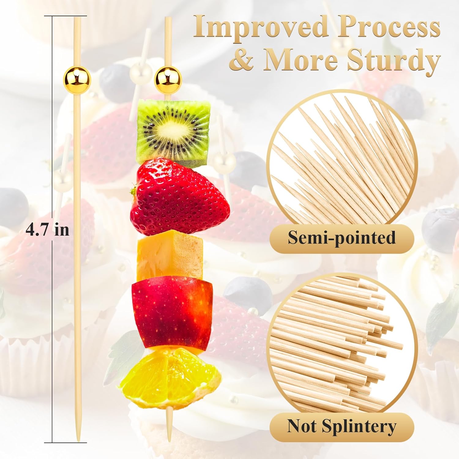 [300PCS] Cocktail Picks, Fancy Toothpicks for Appetizers Drinks Food Fruit, 4.7 IN Long Decorative Bamboo Skewers, Gold Pearl Wooden Garnish Sticks for — image 2
