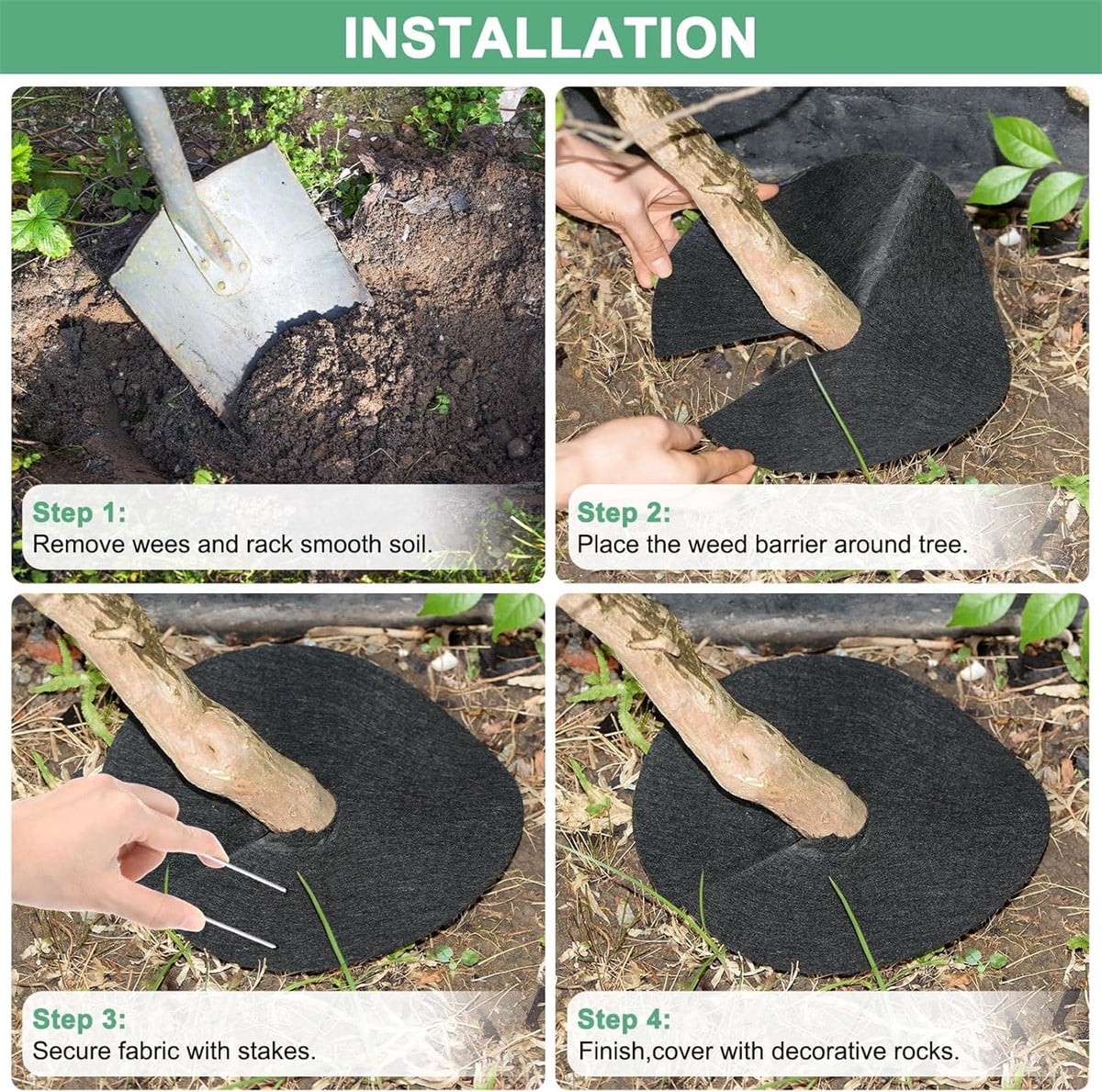 4 Pack Non-Woven Tree Mulch Ring, Round Mulch Ring Tree Protector Mat with 16 Pcs Garden Stakes, Reusable Heavy Duty Weed Barrier Fabric for Weed Control, Root — image 4