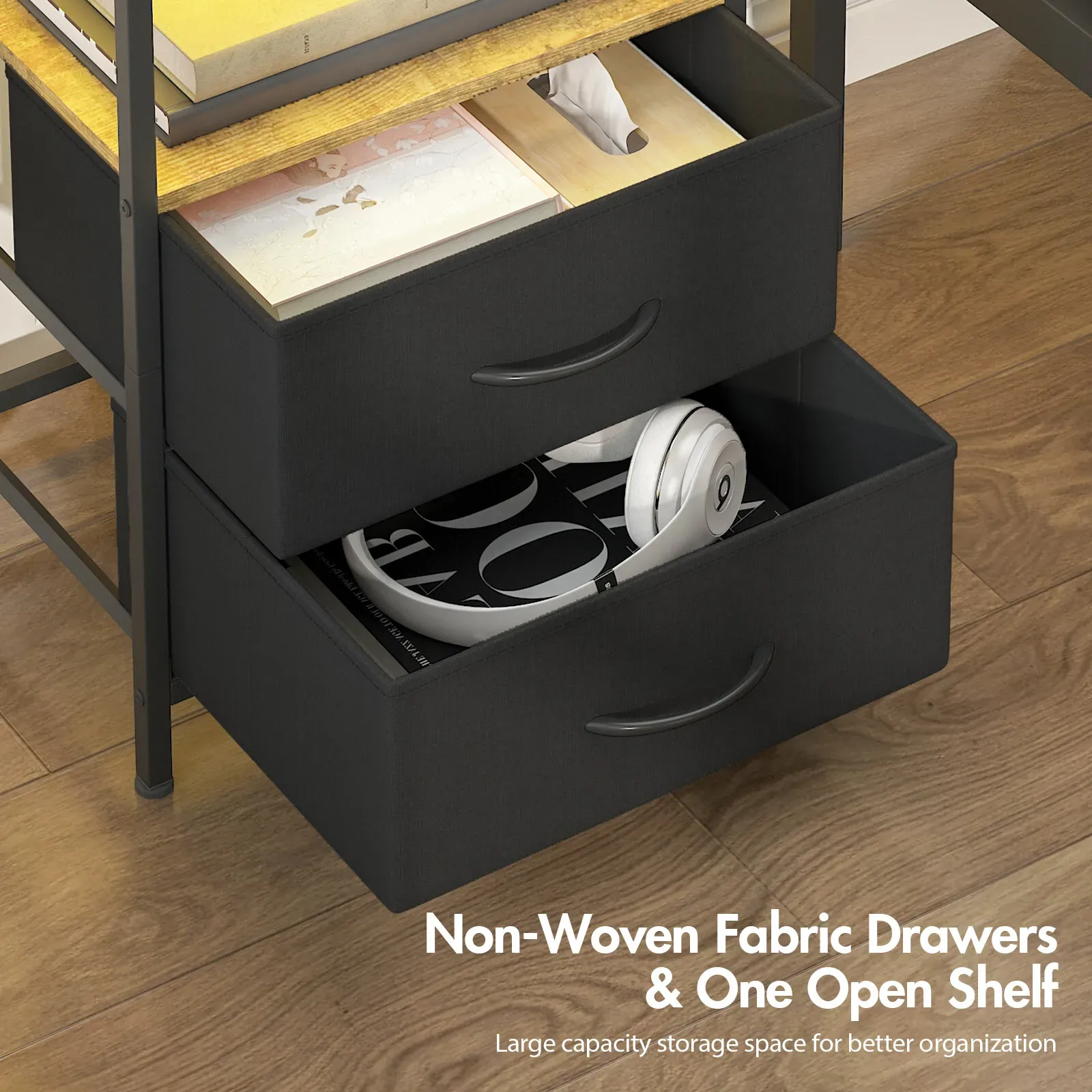 Black and Brown Nightstand with LED Light, Charging Station, and Storage - 60x40cm โ image 4