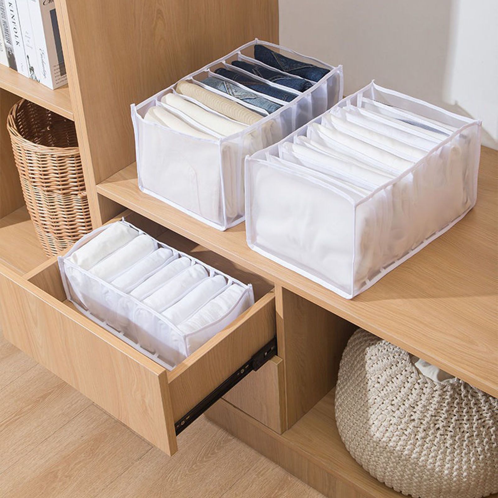 2Pcs White 7 Gird Pants Divider Storage Box Pants 7 Compartment Closet Pants Storage Case Organizer — image 5