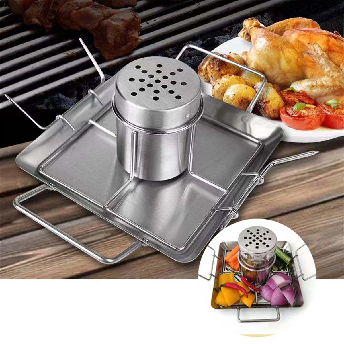 Vertical Beer Can Chicken Roaster Rack - Stainless Steel - Includes Rack, Canister, Drip Pan For Juicy and Flavorful Chicken on Grill and Oven - Dishwasher — image 2