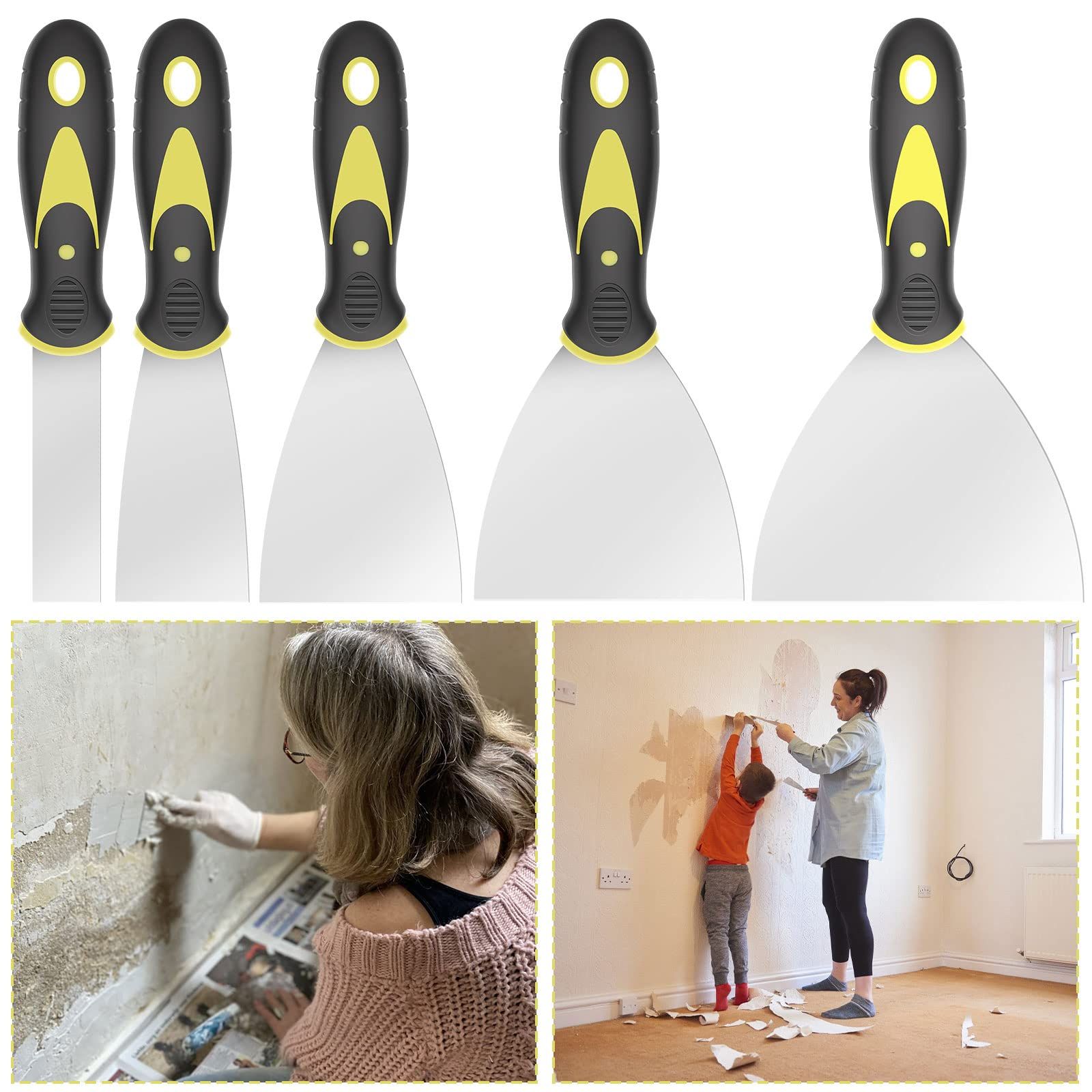 5pcs Putty Scraper Set Stainless Steel Paint Scraper Tool Kit 5 in 1 Spackle Paint Tools Caulk Removal Tool for Wallpaper Decals