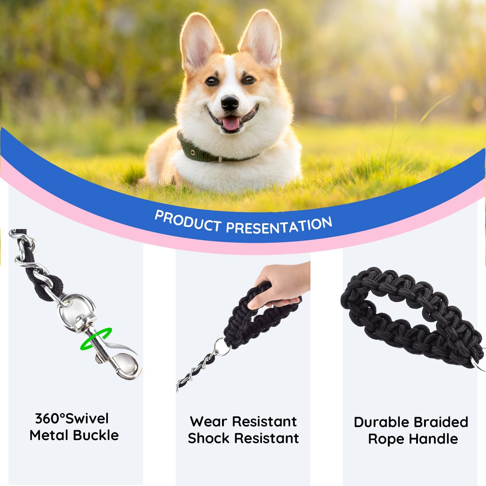 Heavy Duty Dog Leashes Metal Pet Chain Lead with Soft Rope Handle for Medium Large Dogs L-170 * 0.5cm single rope — image 3