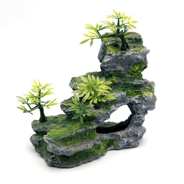 Aquarium Ornament Rock Cave Landscape Artificial Mountain View Stone with Moss Tree Fish Tank Decoration