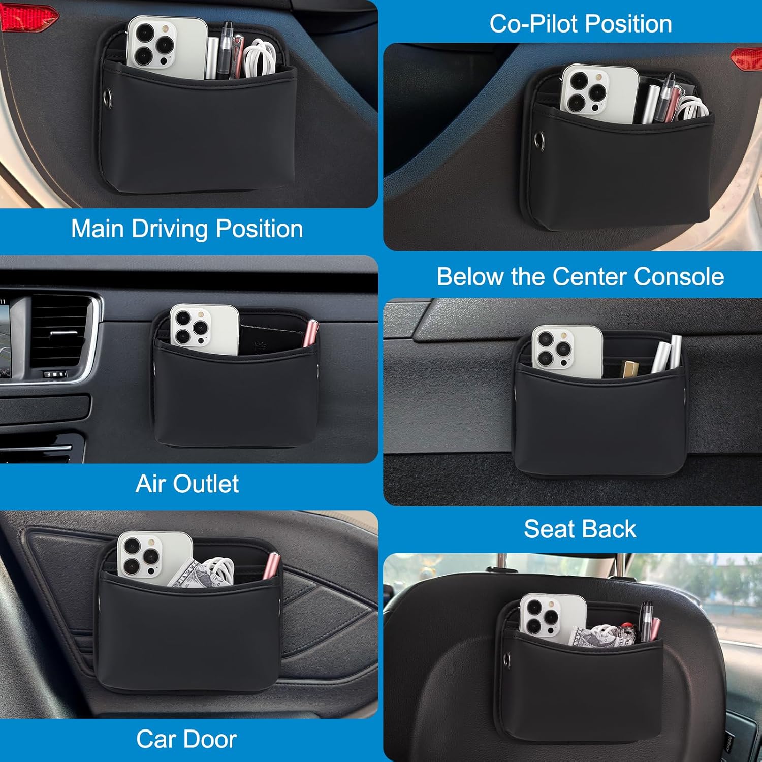 Car Seat Side Pocket Organizer, PU Leather Pouch Bag for Car Seat, Door, Window, Console, Registration Wallet Cards Trash Phone Sunglasses Holder Pocket for — image 6