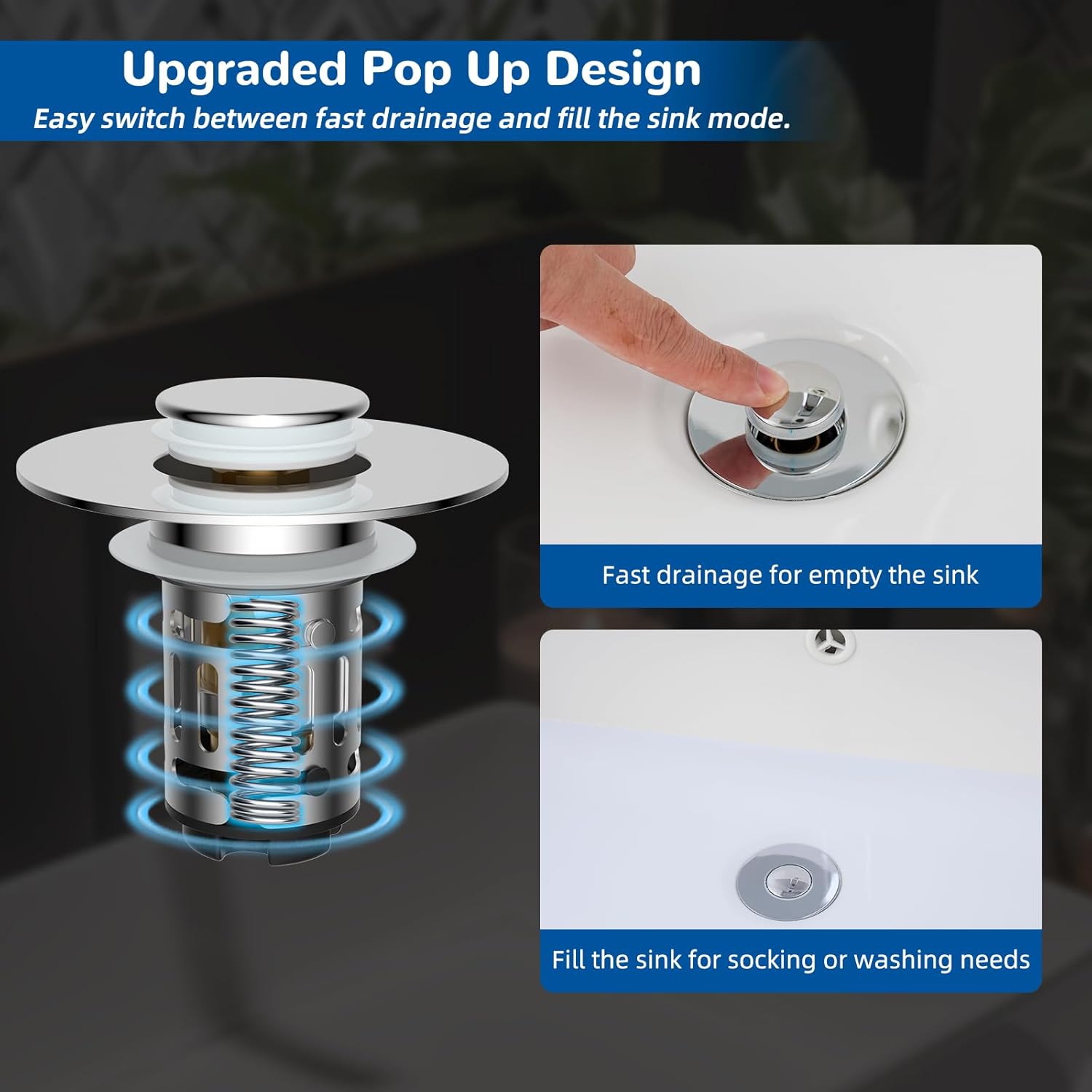 Upgraded 3 in 1 Bathroom Sink Drain Strainer, Universal Pop Up Stopper with Removable Stainless Steel Filter Basket Hair Catcher, Sink Plug for 1.1''~2.36'' โ image 5