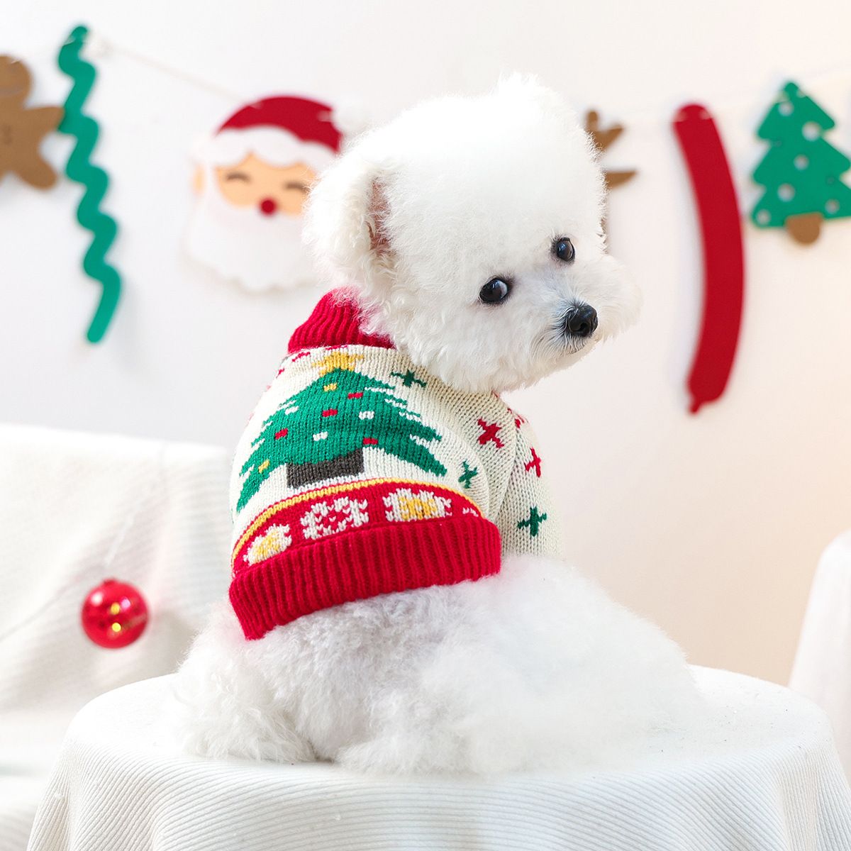 Red and Green M Size Christmas tree pattern Christmas Pet Knitted Dress - Acrylic Dog and Cat Jumper, Lightweight Festive Winter Outfit for Pets — image 3