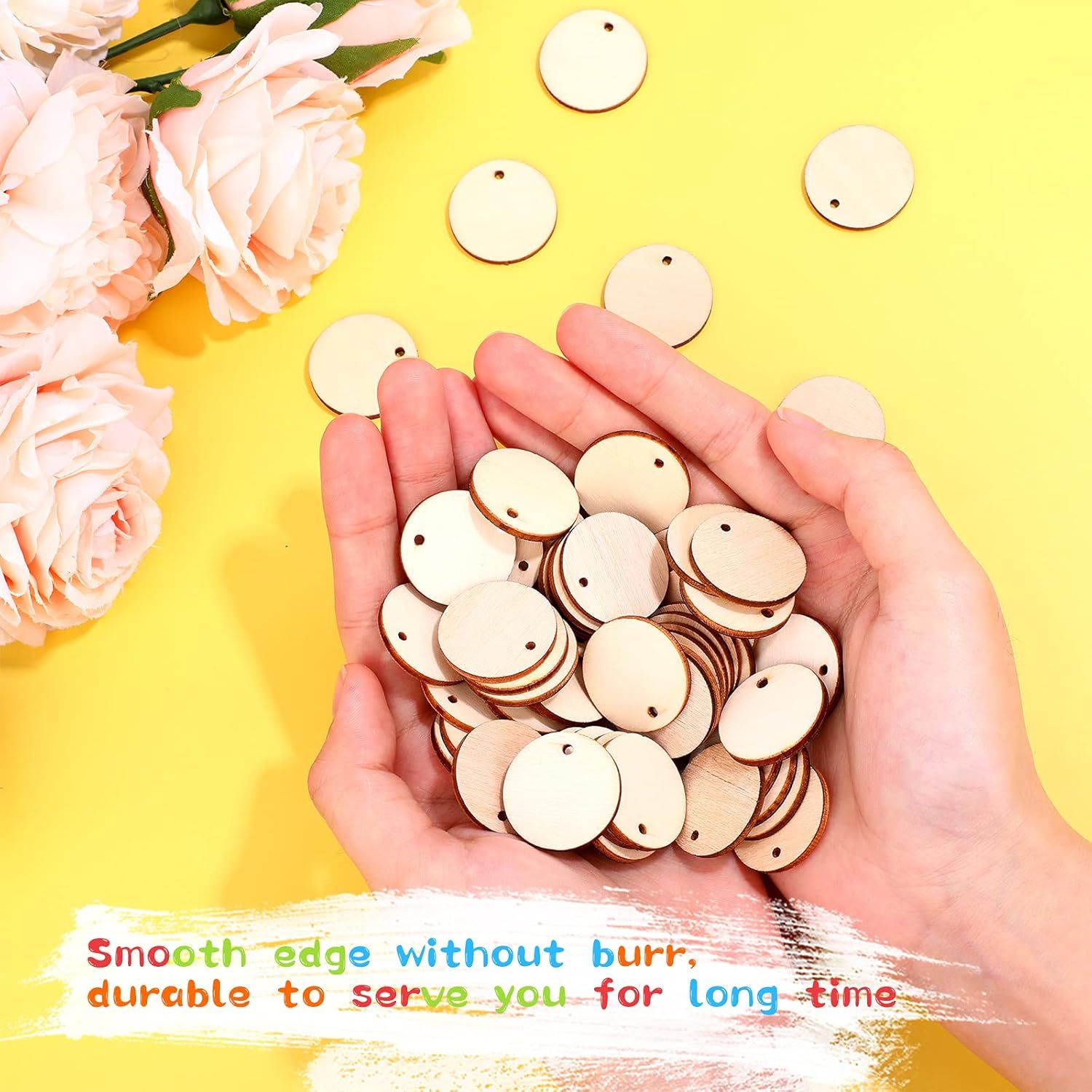 200 Pieces Uninished Blank Wood Circle Pendants Round Disc Circle Wood Pieces Round Wooden Disk with Hole Small Wooden Pendant or Crat Decoration Embellishment — image 2