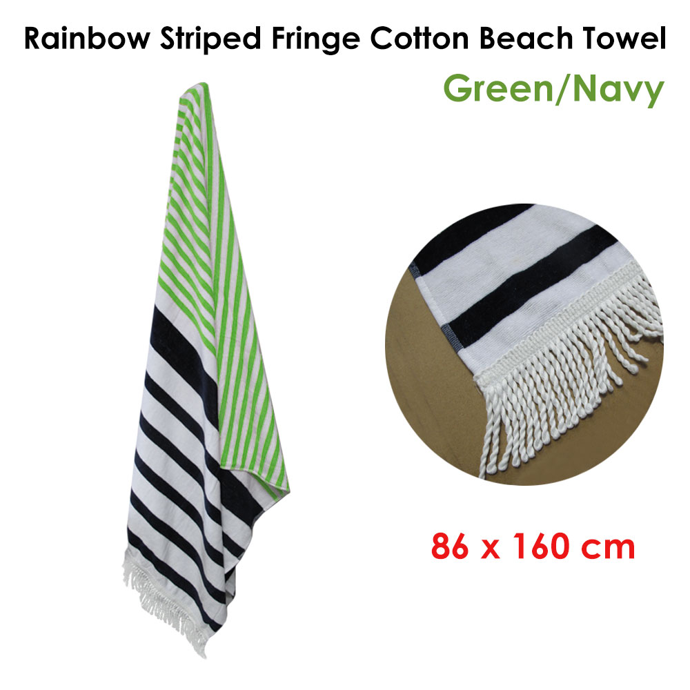 Onkaparinga Rainbow Striped Fringe Cotton Beach Towel Green/Navy — image 2
