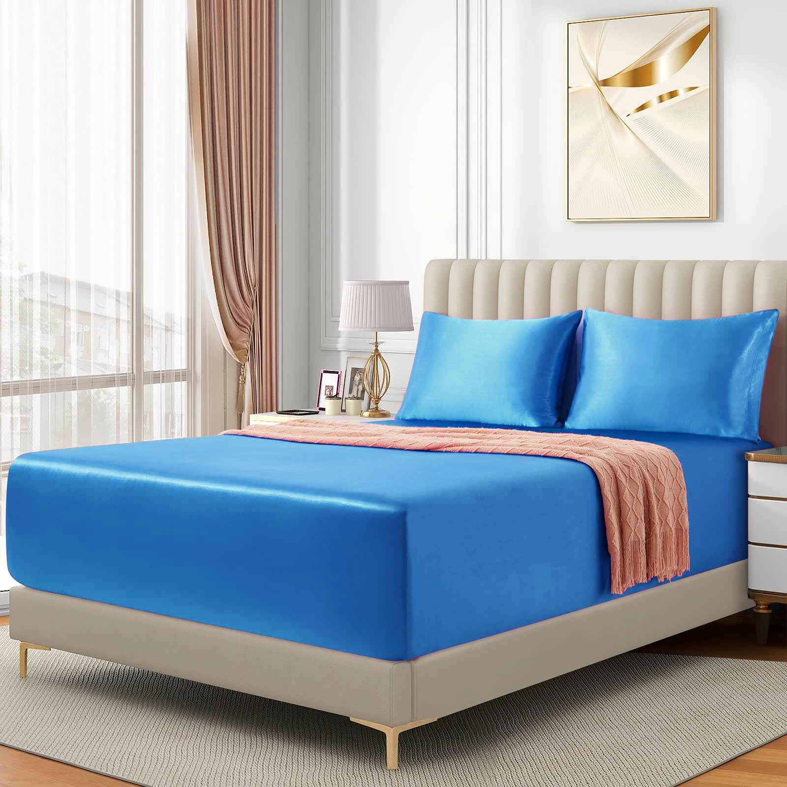 Satin Fitted Sheet Set Hotel 3 Pieces Fitted Sheet with Pillowcase, Art Silk Bedding Set-Luxury Soft Silky Sheets for Hair and Skin, Similar to Silk Fitted — image 2