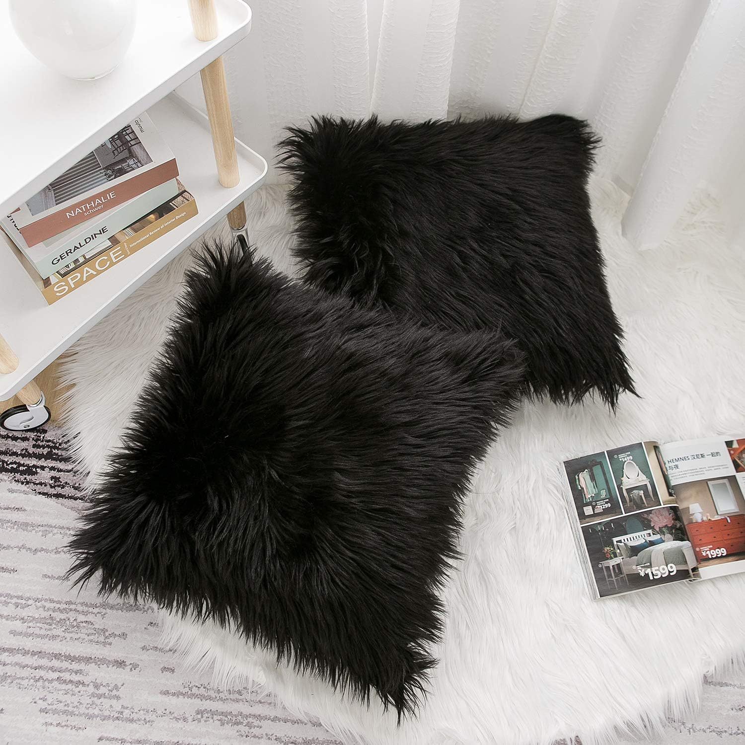Black Luxurious Long Faux Fur Cushion Covers - Set of 2, 45x45cm Soft Plush Decorative Pillowcases for Sofa & Bed — image 3