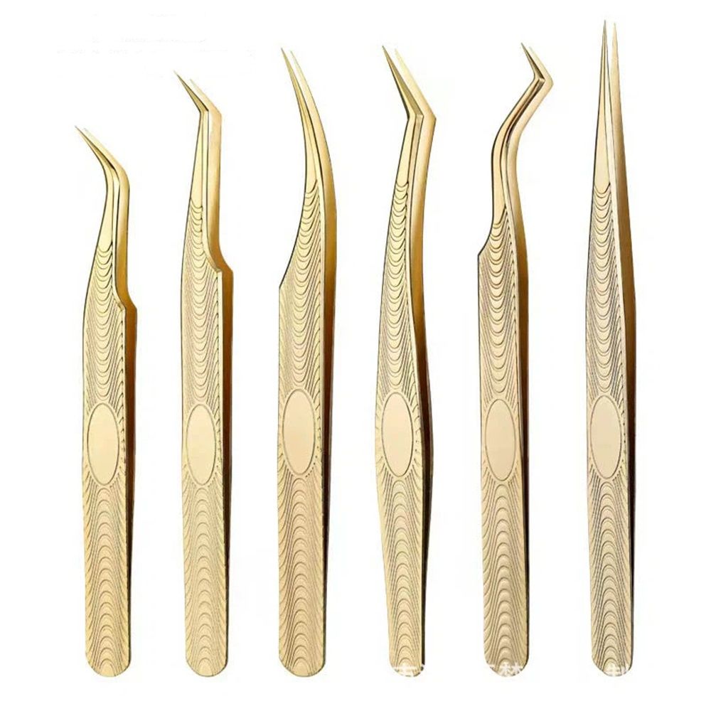 6 pack Lash Tweezers for Eyelash Extension, Professional Lash Extension Tweezer Set, High Precision Eyelash Tweezers for Volume Eyelash Extensions (Gold, 6 PCS