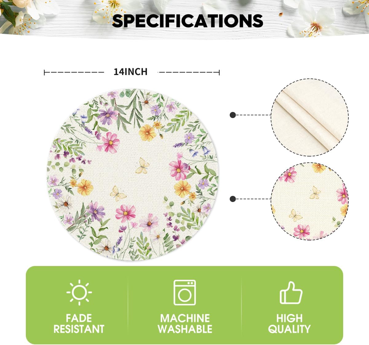 Floral Butterfly Summer Round Placemats Set of 4, 14 Inch Seasonal Spring Placemats for Party Kitchen Dining Summer Decoration — image 6