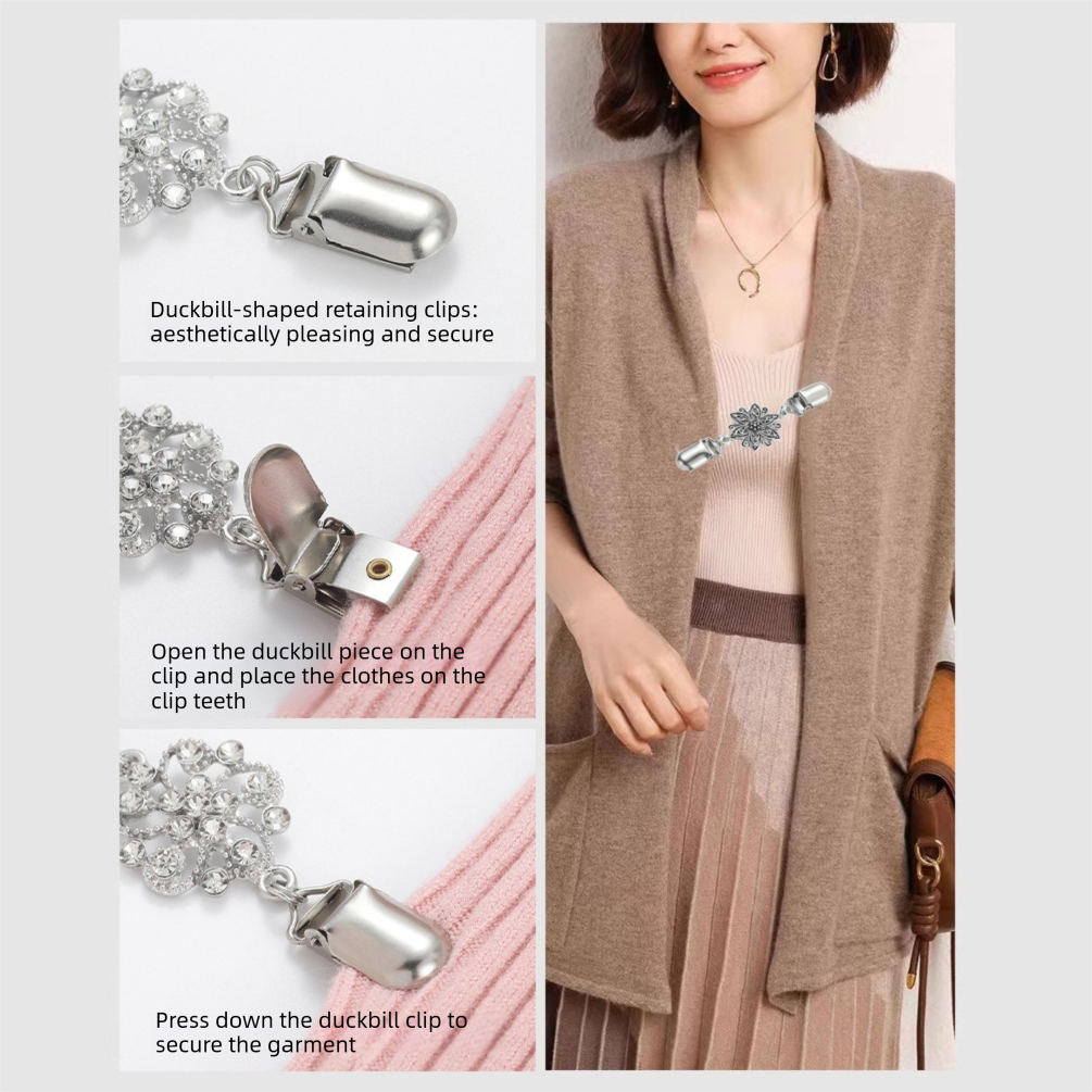 4 pcs Silvery and Yellow Vintage Sweater Shawl Clip Brooch - Decorative Cardigan Collar Fastener with Rhinestone and Floral Design, Retro Alloy Cape Clasp for โ image 3