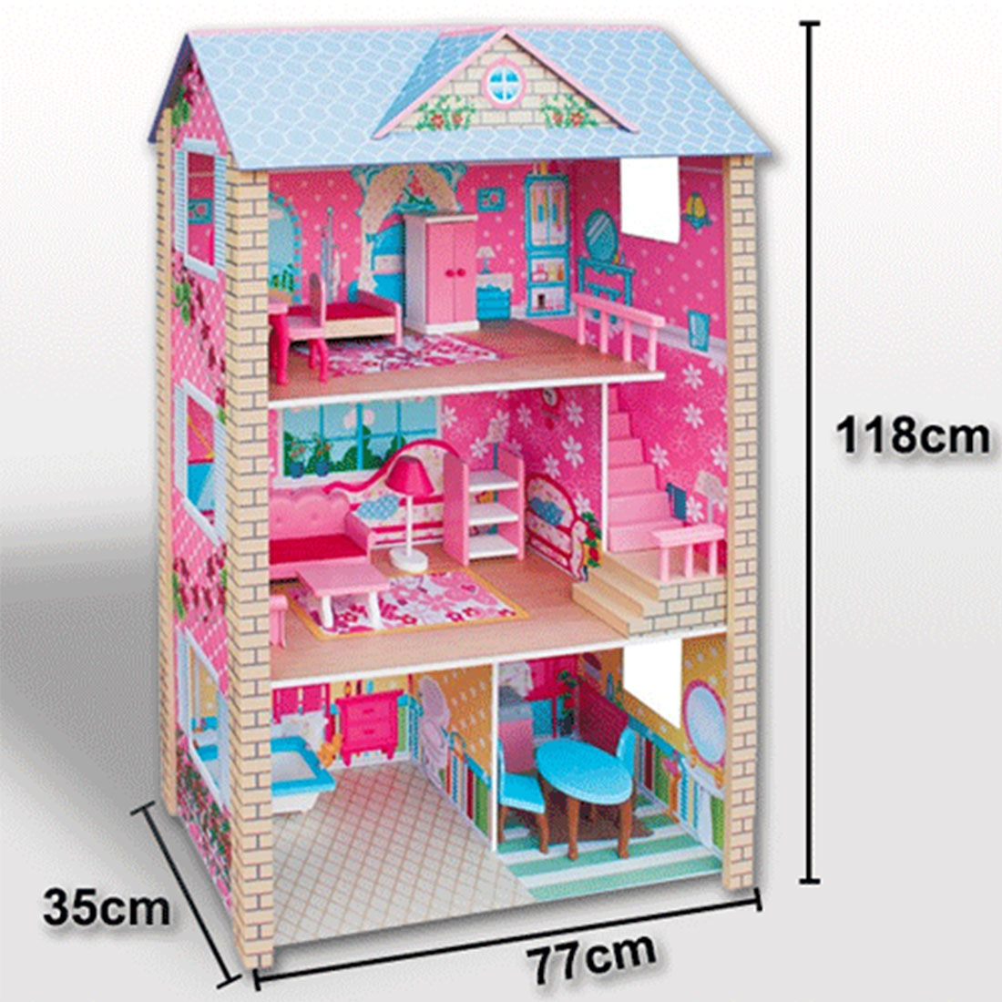 Large Wooden Dolls Doll House 3 Level Kids Pretend Play Toys Full Furniture โ image 2