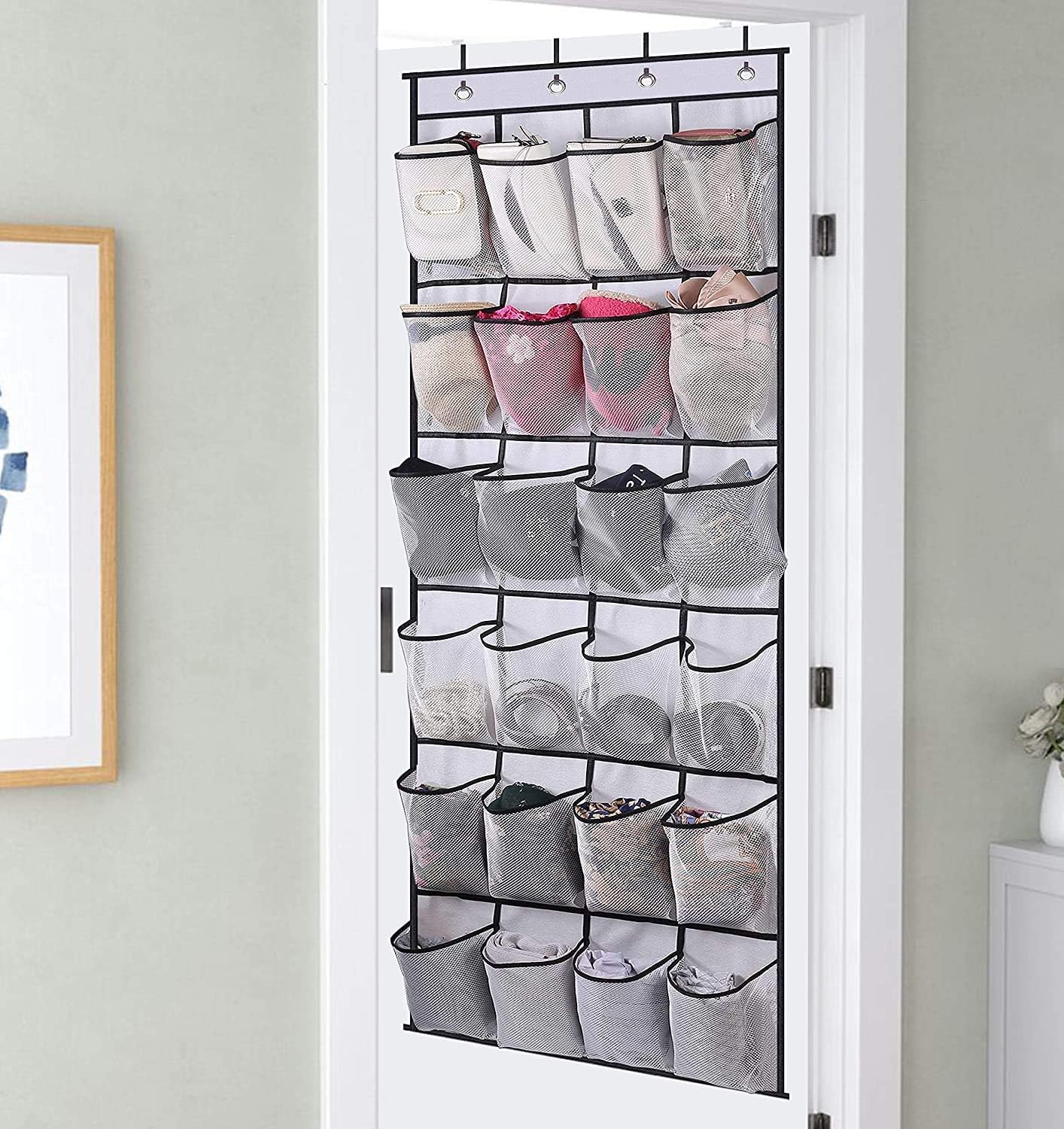 Over the Door Shoe Storage Organizer with 24 Large Mesh Pockets White — image 2
