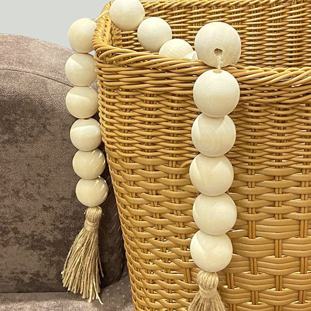 Wooden Beads and Tassels,Long Rustic Farmhouse Country Decorative Beads for Home Tiered Tray Decor, Natural Beige(Round bead 98cm) — image 3