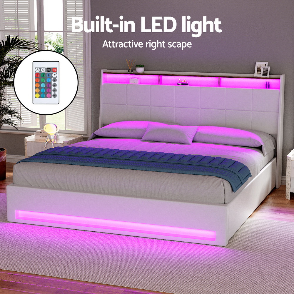 Artiss Bed Frame Gas Lift LED Beds Base Platform White PVC Leather Storage Headboard - King โ image 5