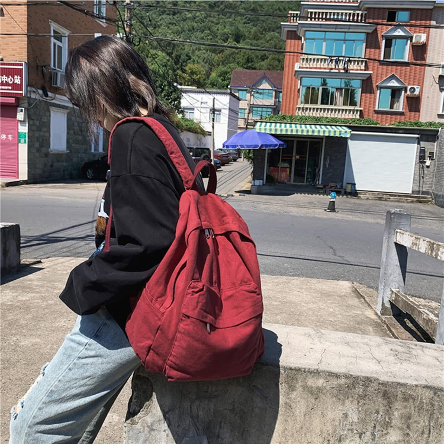 Vintage canvas backpack for women men travel backpack solid color simple backpack laptop backpack rucksack Black โ image 2