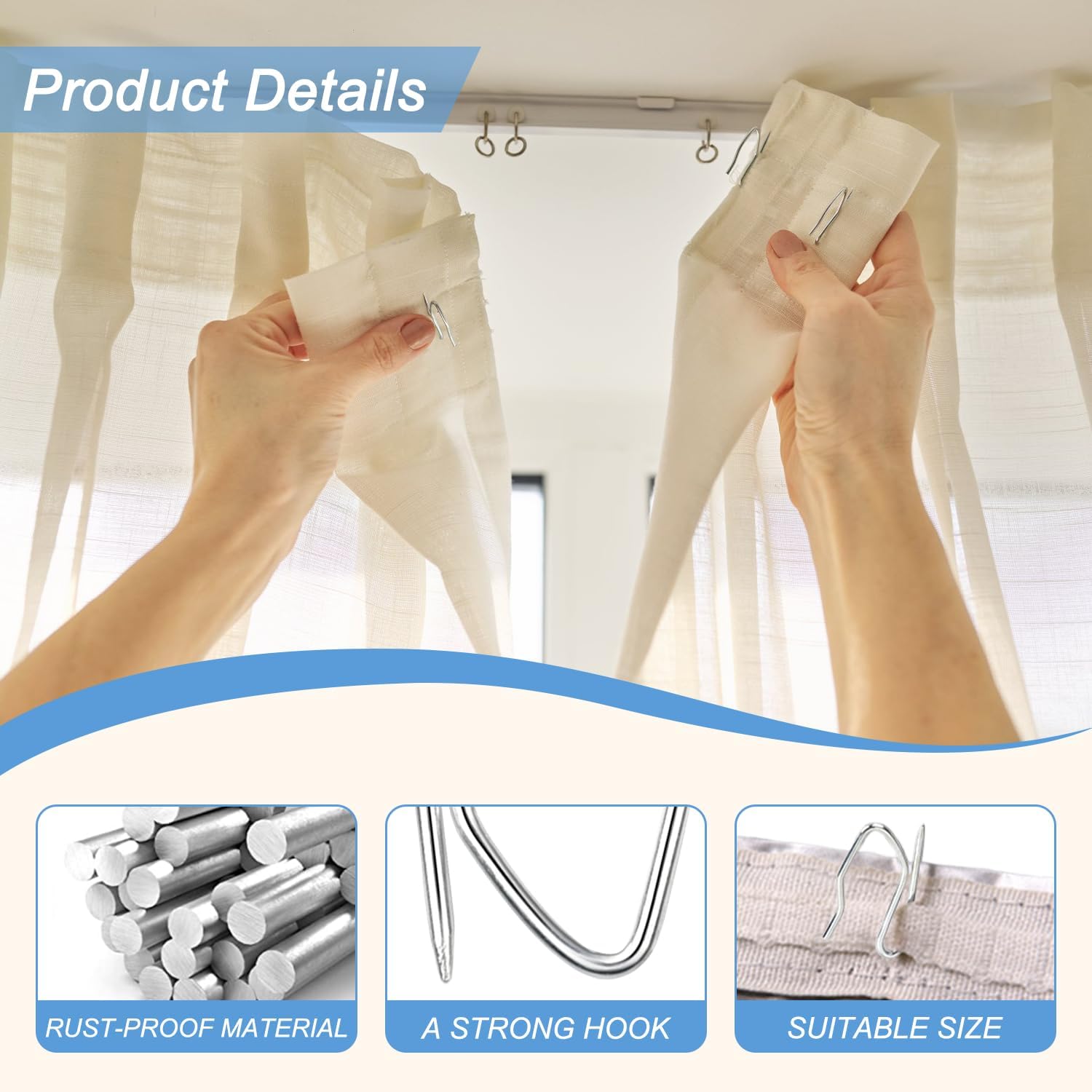 Metal Curtain Hooks, 200pcs Drapery Pins Stainless Steel Pin-on Hooks for Window Shower Door Curtain, Silver White β image 4