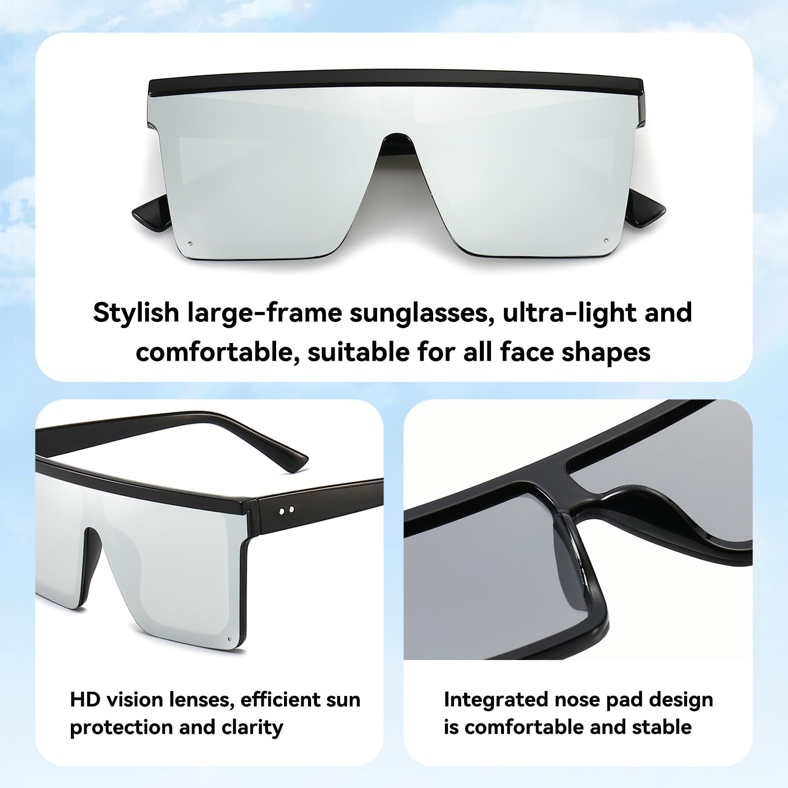 Oversized Sunglasses for Women Men Fashion Flat Top Big Black Frame Shades Women Square Oversized Sunglasses — image 3