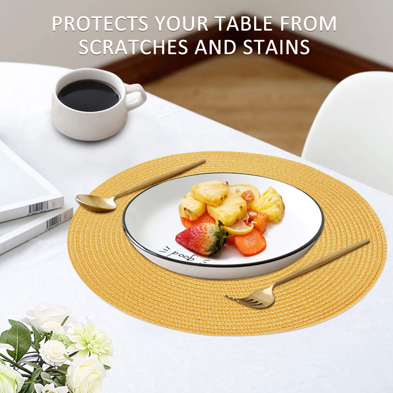Braided Placemats for Dining Table Set of 6 - Round 15 inch Woven Heat Resistant Non-Slip Kitchen Table Mats, Red Yellow — image 4