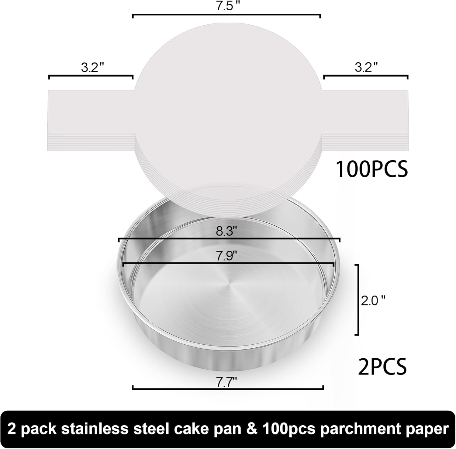 8 Inch Cake Pan Set of 2, Nonstick Stainless Steel Round Layer Cake Baking Pans with 100PCS Parchment Papers, Circle Cake Pan Tins for Birthday Christmas — image 2